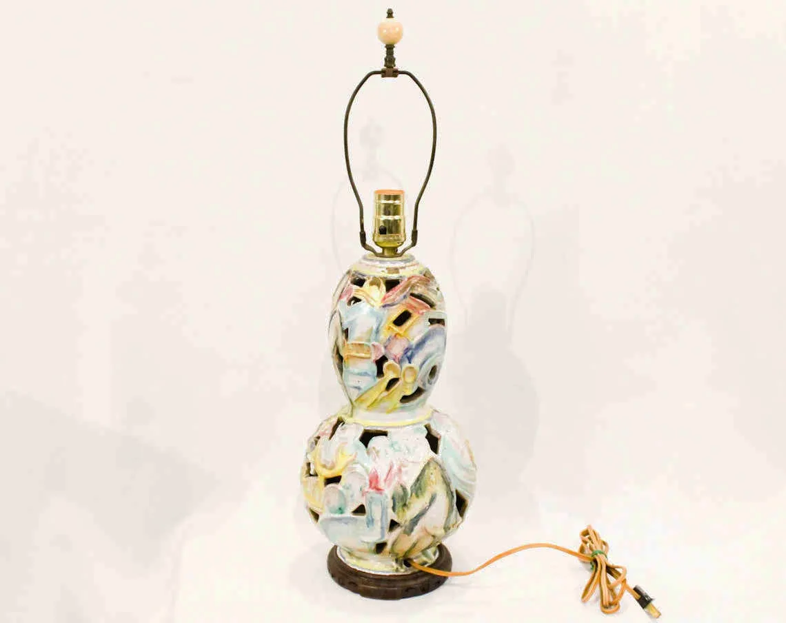 1930s Jazz Orchestra Lamp - Marvelous Musician Music Novelty Scene 30s 40s Art Deco - Pastel Pink Blue Yellow Ceramic & Asian Wood Base