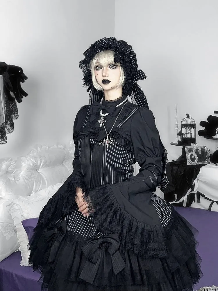 Black Striped Bows Decorated Double Layered Hemline Gothic Lolita Jumper Skirt