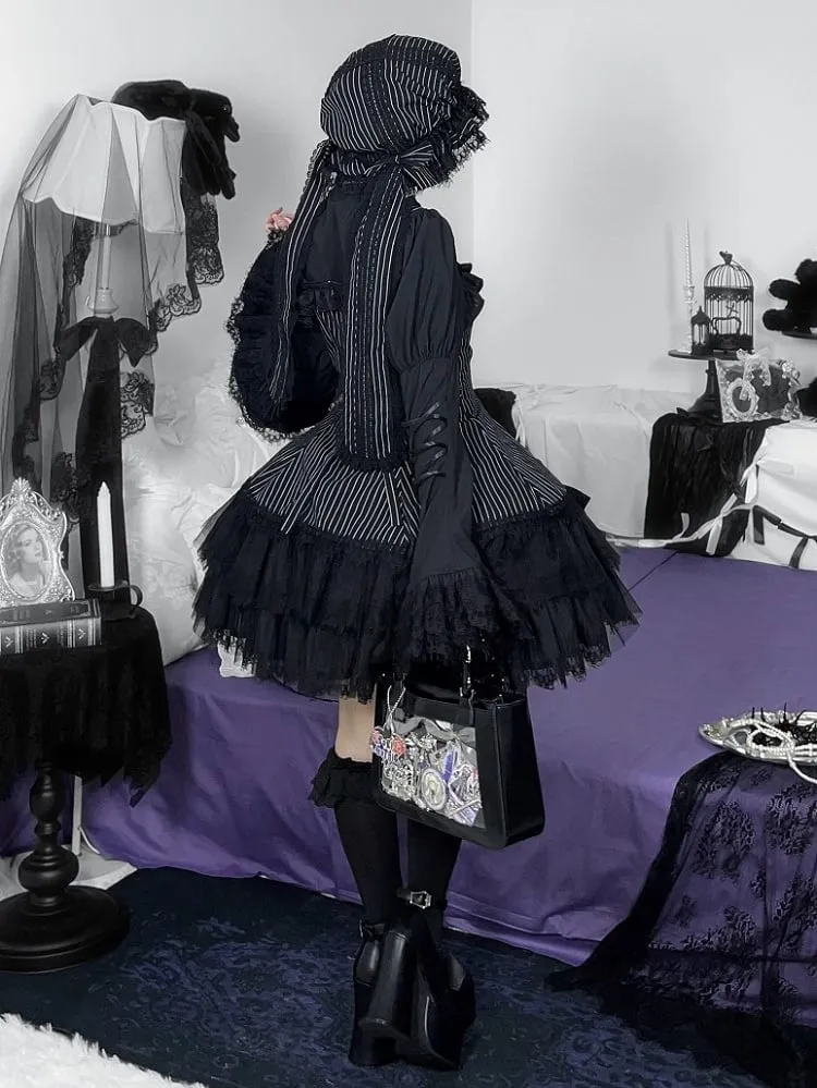 Black Striped Bows Decorated Double Layered Hemline Gothic Lolita Jumper Skirt