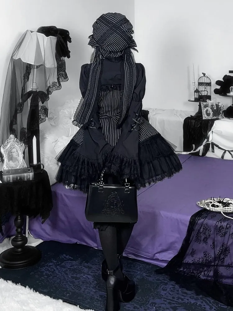 Black Striped Bows Decorated Double Layered Hemline Gothic Lolita Jumper Skirt