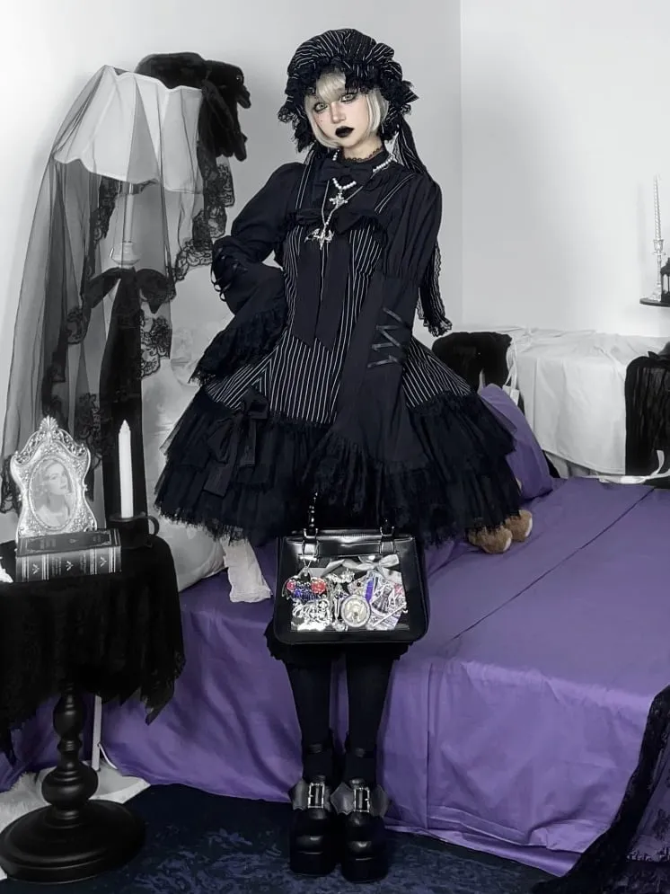 Black Striped Bows Decorated Double Layered Hemline Gothic Lolita Jumper Skirt