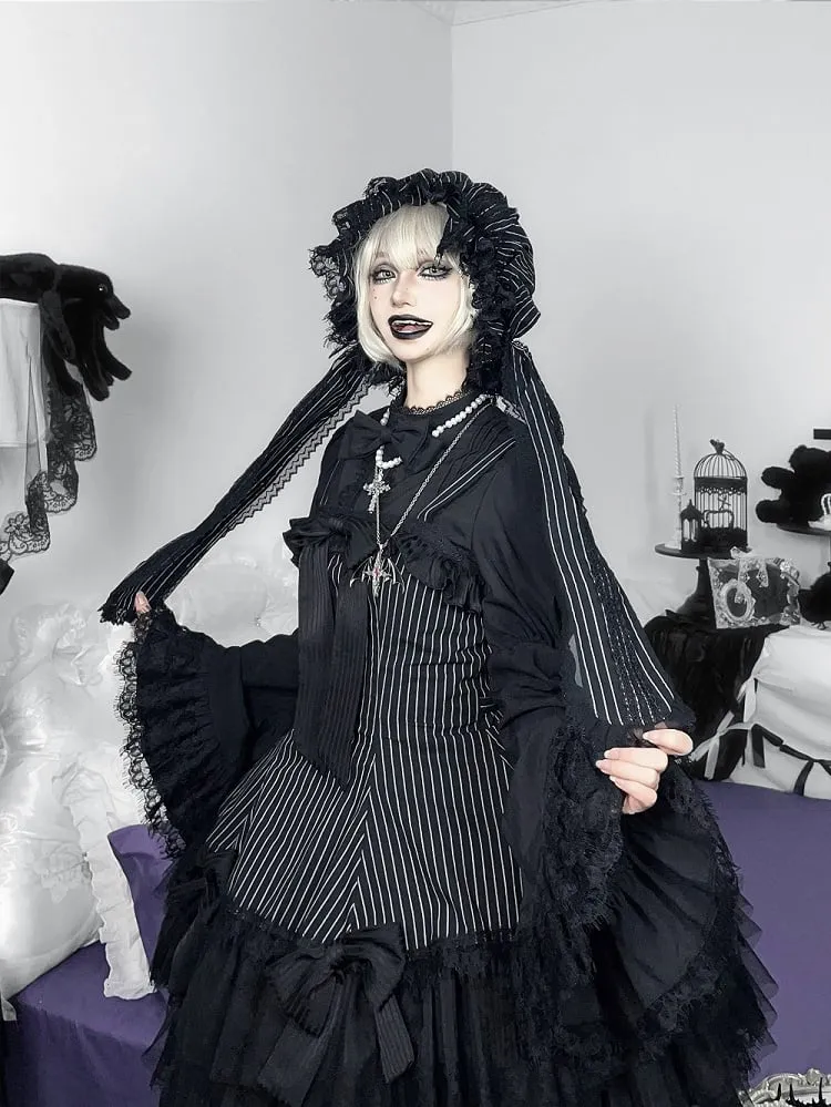 Black Striped Bows Decorated Double Layered Hemline Gothic Lolita Jumper Skirt