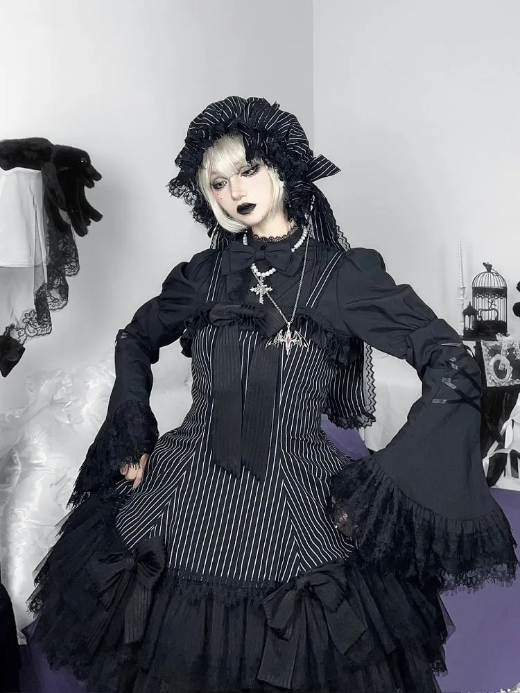 Black Striped Bows Decorated Double Layered Hemline Gothic Lolita Jumper Skirt