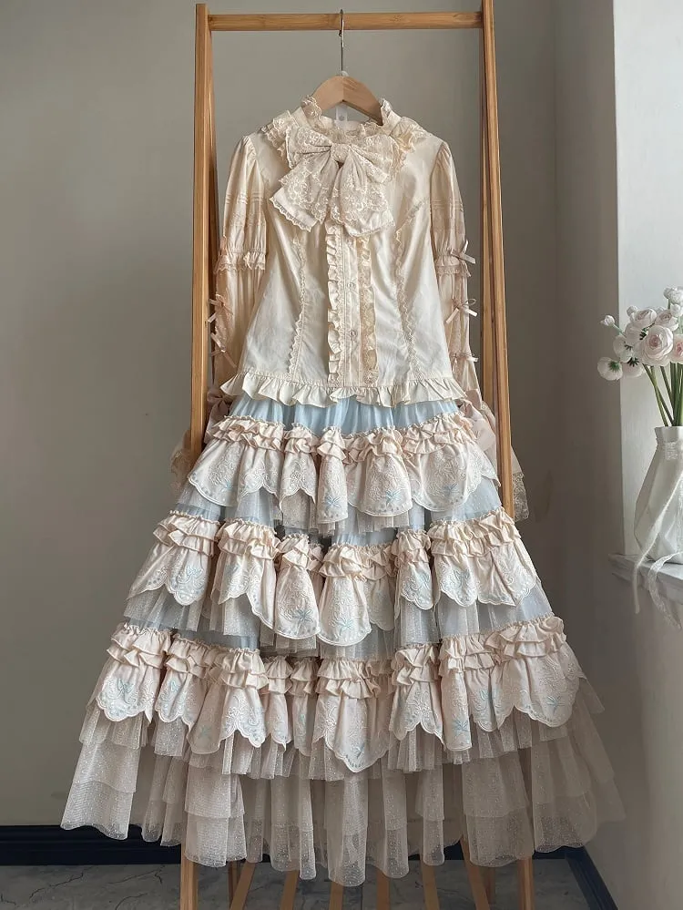 Blue Bunny Layered Embroidered Scallop Trim Hem Lolita Skirt