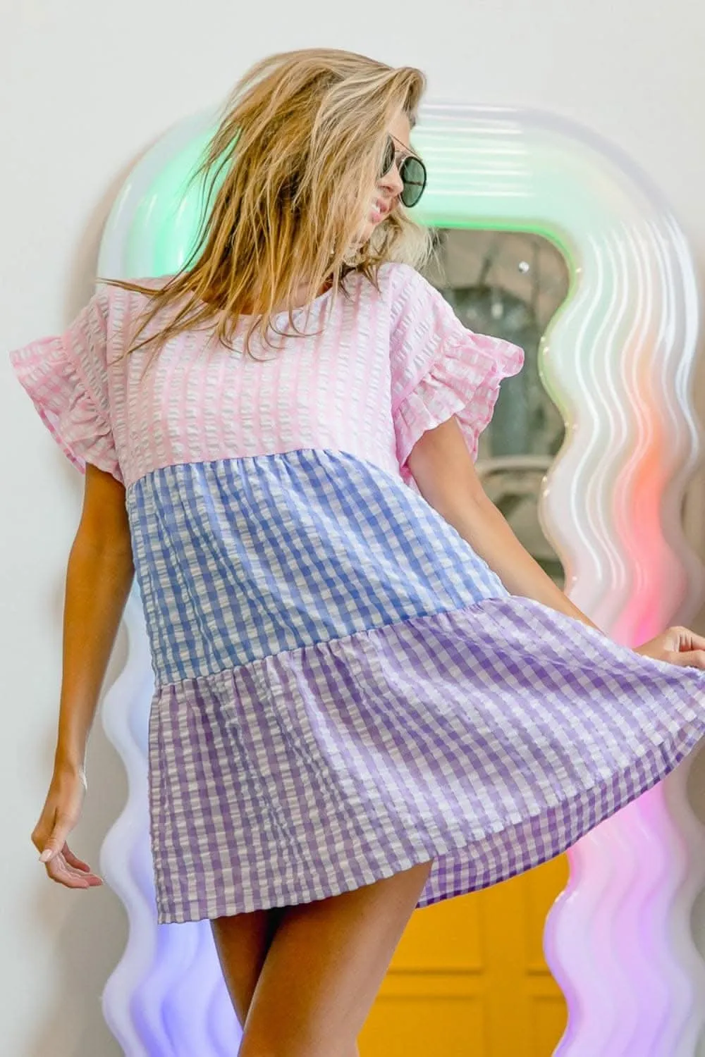Chic plaid color block tiered blouse