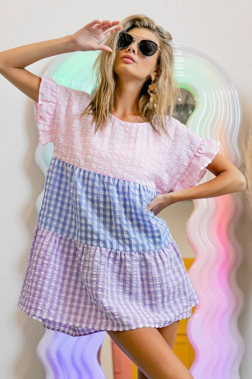 Chic plaid color block tiered blouse