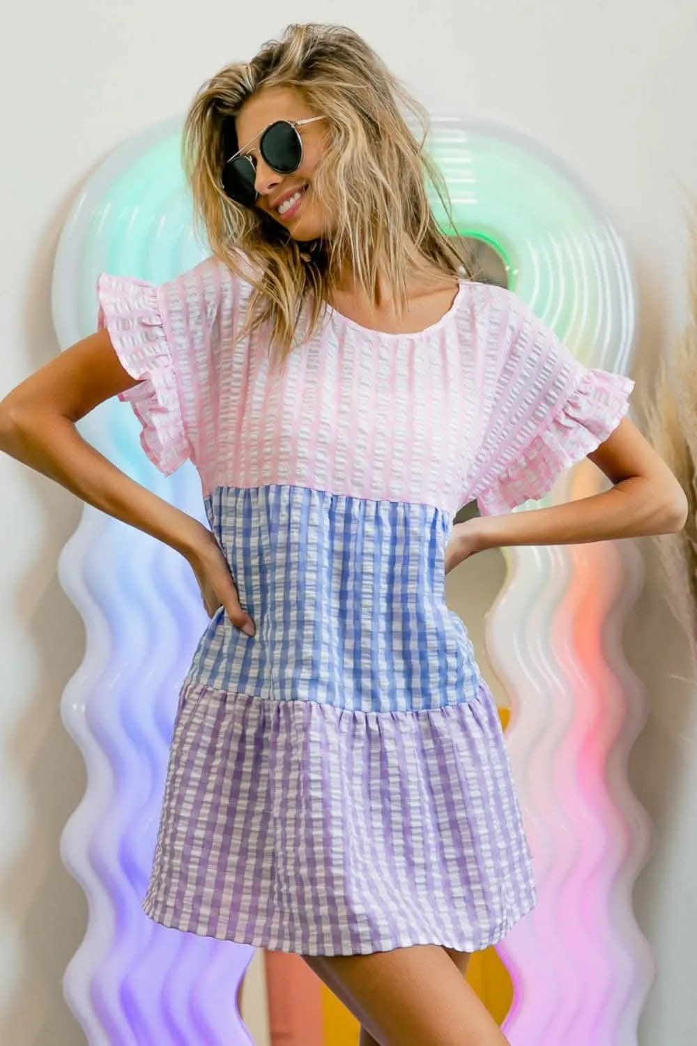 Chic plaid color block tiered blouse