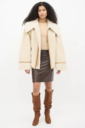 Cream Faux Shearling & Brown Suede Aviator Jacket