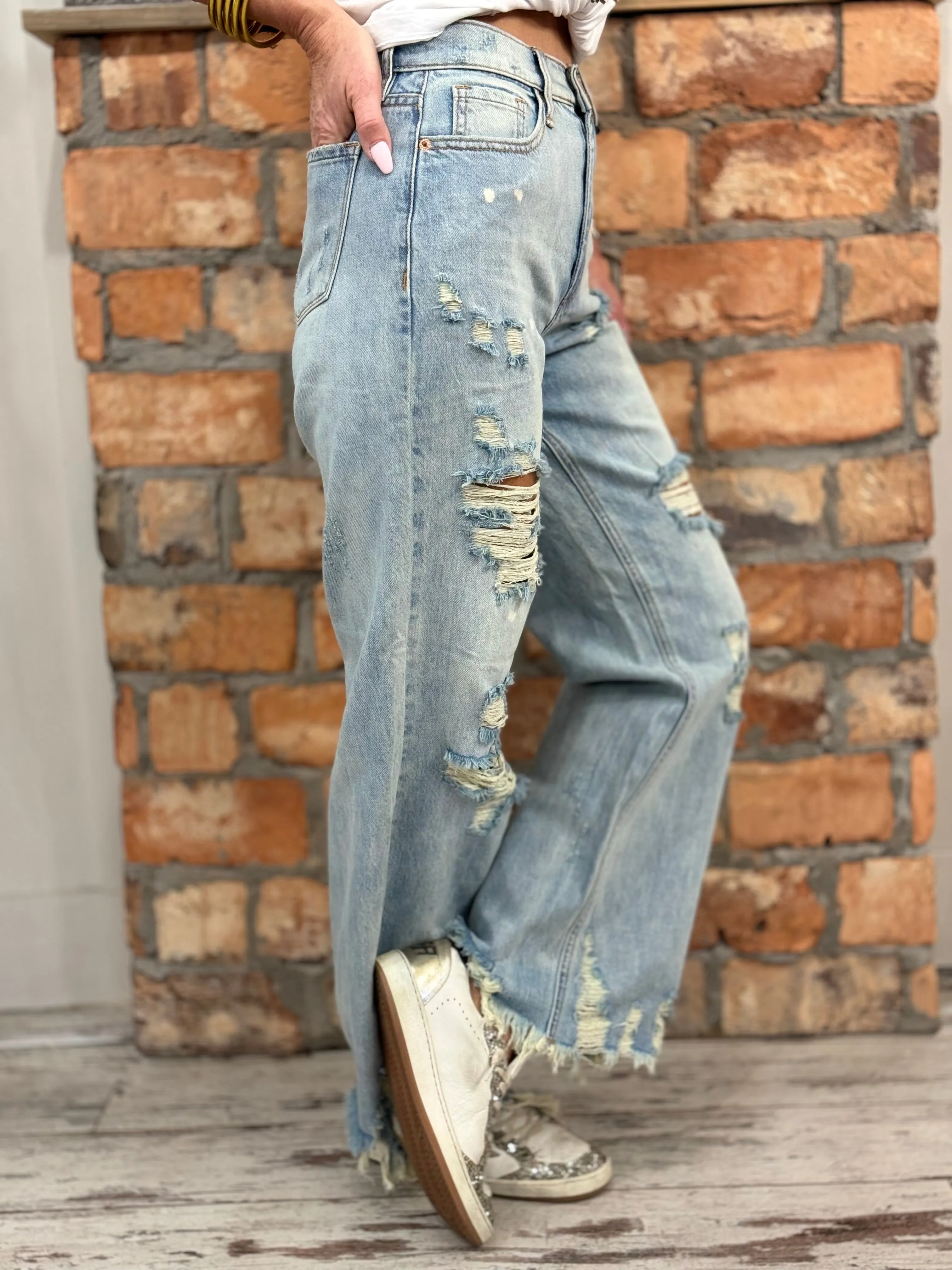 Distressed Asymmetric Hem Straight Leg Jeans