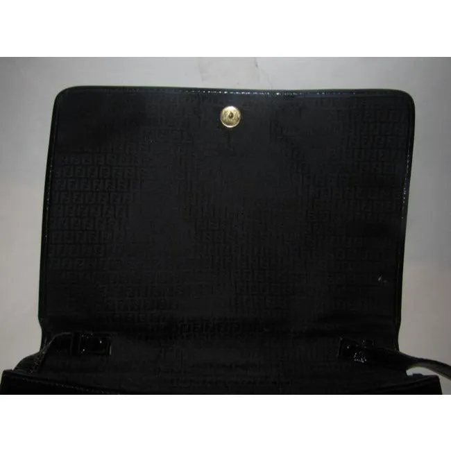 Fendi Early Two Way Clutch Style Purses Black Lacquered Or Patent Leather With A Linear Design Shoul
