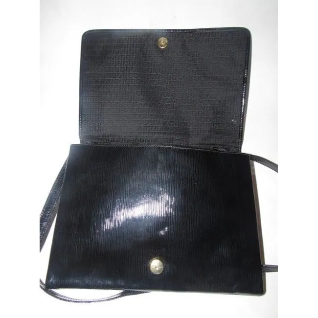 Fendi Early Two Way Clutch Style Purses Black Lacquered Or Patent Leather With A Linear Design Shoul