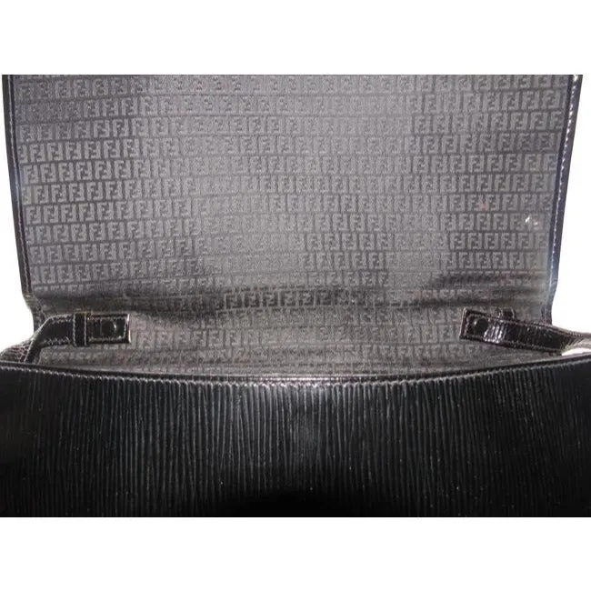 Fendi Early Two Way Clutch Style Purses Black Lacquered Or Patent Leather With A Linear Design Shoul