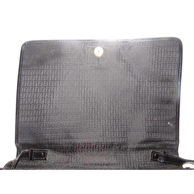 Fendi Early Two Way Clutch Style Purses Black Lacquered Or Patent Leather With A Linear Design Shoul