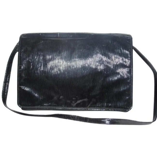 Fendi Early Two Way Clutch Style Purses Black Lacquered Or Patent Leather With A Linear Design Shoul