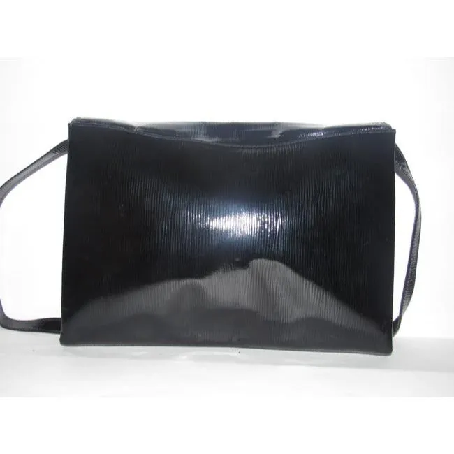 Fendi Early Two Way Clutch Style Purses Black Lacquered Or Patent Leather With A Linear Design Shoul