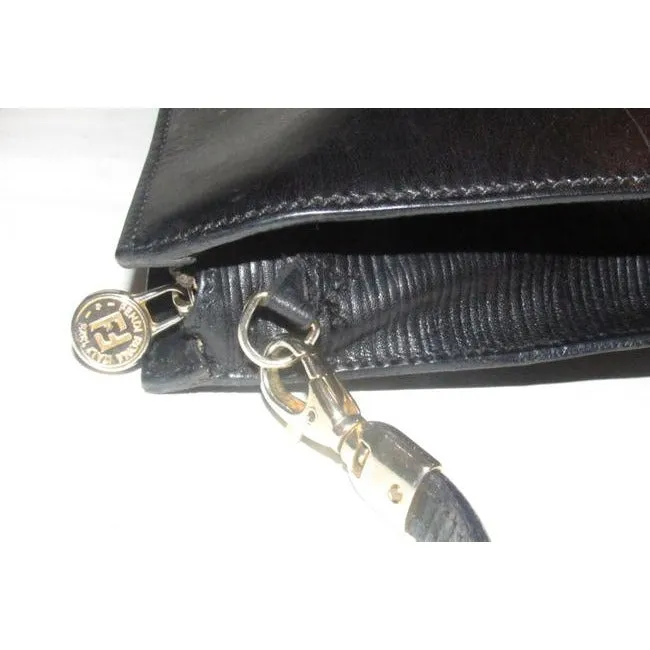 Fendi Line Two Way Style Purses Black Leather With Embossed Janus Head Design Cross Body Bag