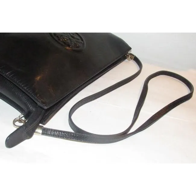 Fendi Line Two Way Style Purses Black Leather With Embossed Janus Head Design Cross Body Bag