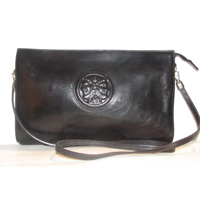 Fendi Line Two Way Style Purses Black Leather With Embossed Janus Head Design Cross Body Bag