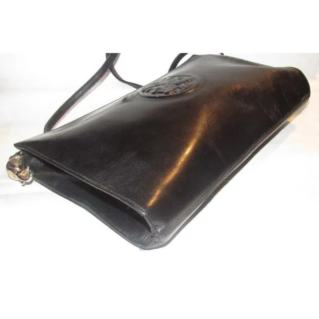 Fendi Line Two Way Style Purses Black Leather With Embossed Janus Head Design Cross Body Bag