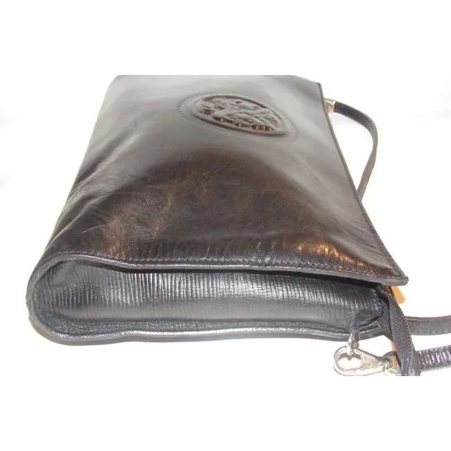 Fendi Line Two Way Style Purses Black Leather With Embossed Janus Head Design Cross Body Bag