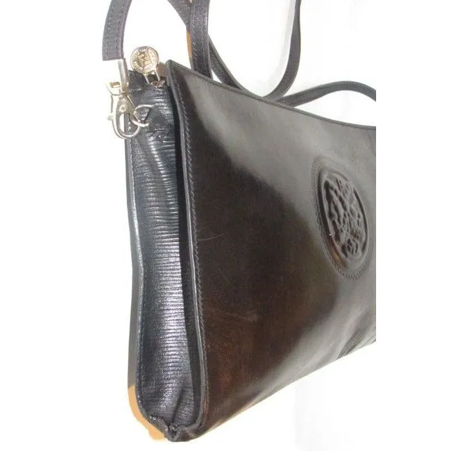 Fendi Line Two Way Style Purses Black Leather With Embossed Janus Head Design Cross Body Bag