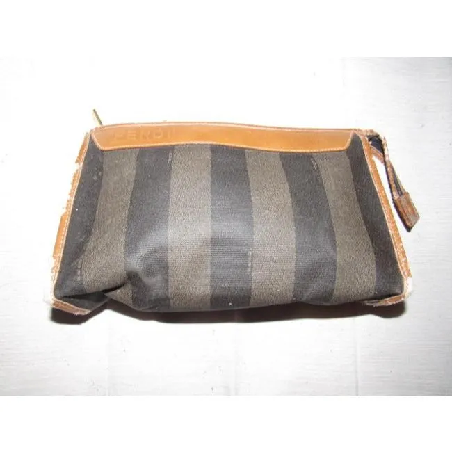 Fendi Pequin Stripe Print Coated Canvas And Camel Leather Clutch