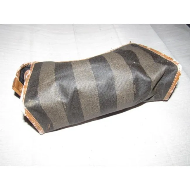 Fendi Pequin Stripe Print Coated Canvas And Camel Leather Clutch