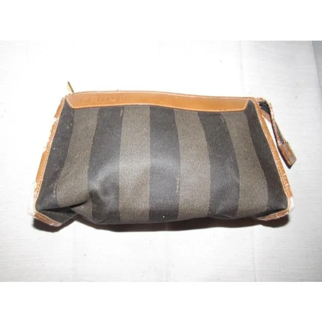 Fendi Pequin Stripe Print Coated Canvas And Camel Leather Clutch