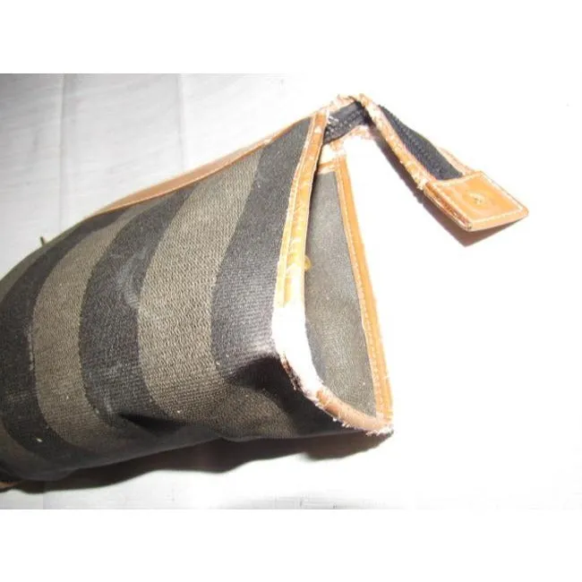 Fendi Pequin Stripe Print Coated Canvas And Camel Leather Clutch