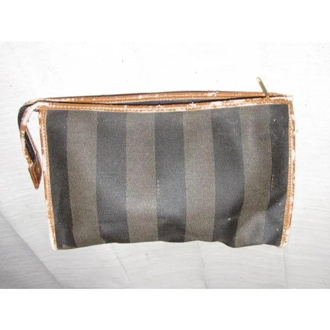 Fendi Pequin Stripe Print Coated Canvas And Camel Leather Clutch