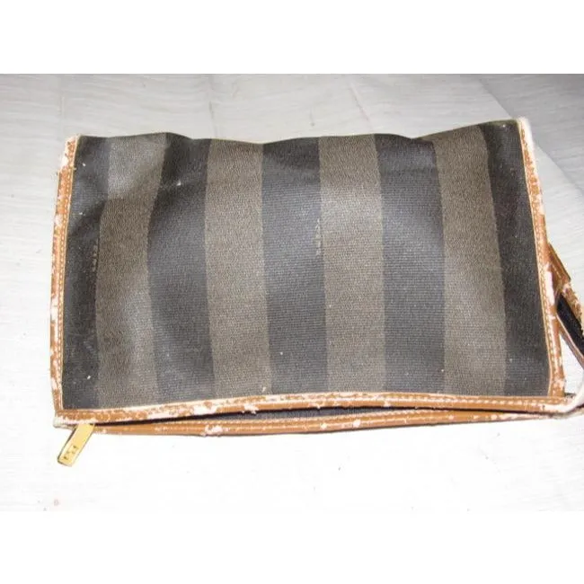 Fendi Pequin Stripe Print Coated Canvas And Camel Leather Clutch