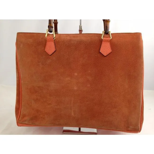 Gucci Orange Suede Bamboo Line Two Way Satchel w Pockets