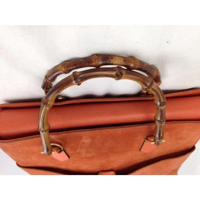 Gucci Orange Suede Bamboo Line Two Way Satchel w Pockets