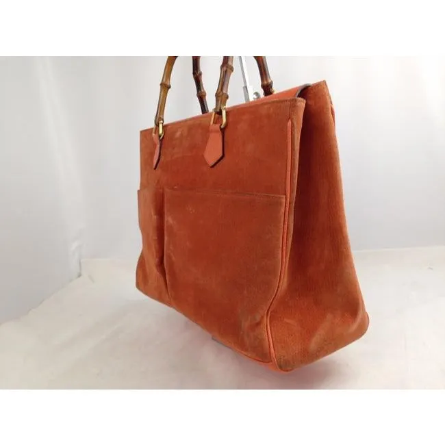 Gucci Orange Suede Bamboo Line Two Way Satchel w Pockets