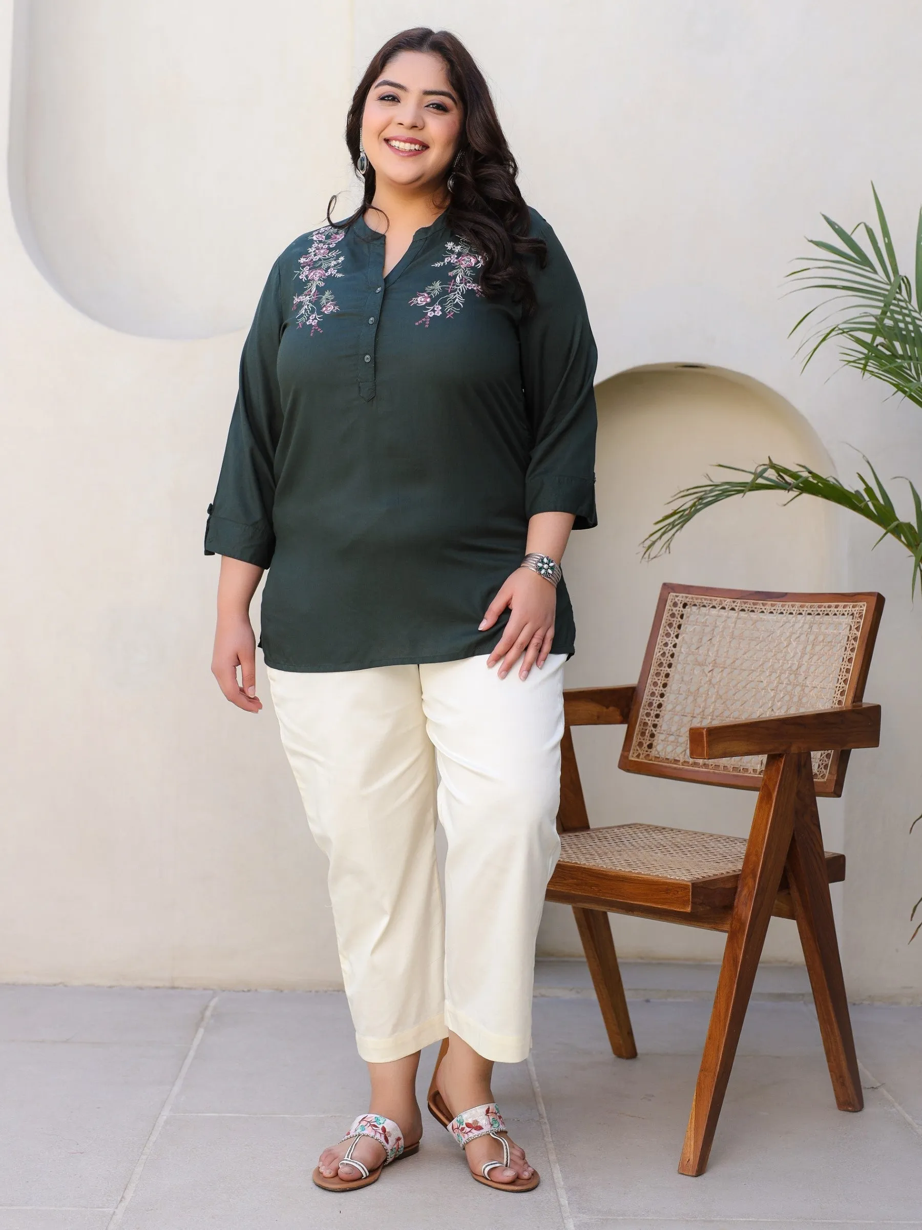 Jashvi Green Modal Rayon Floral Embroidered Plus Size Tunic With Half Placket