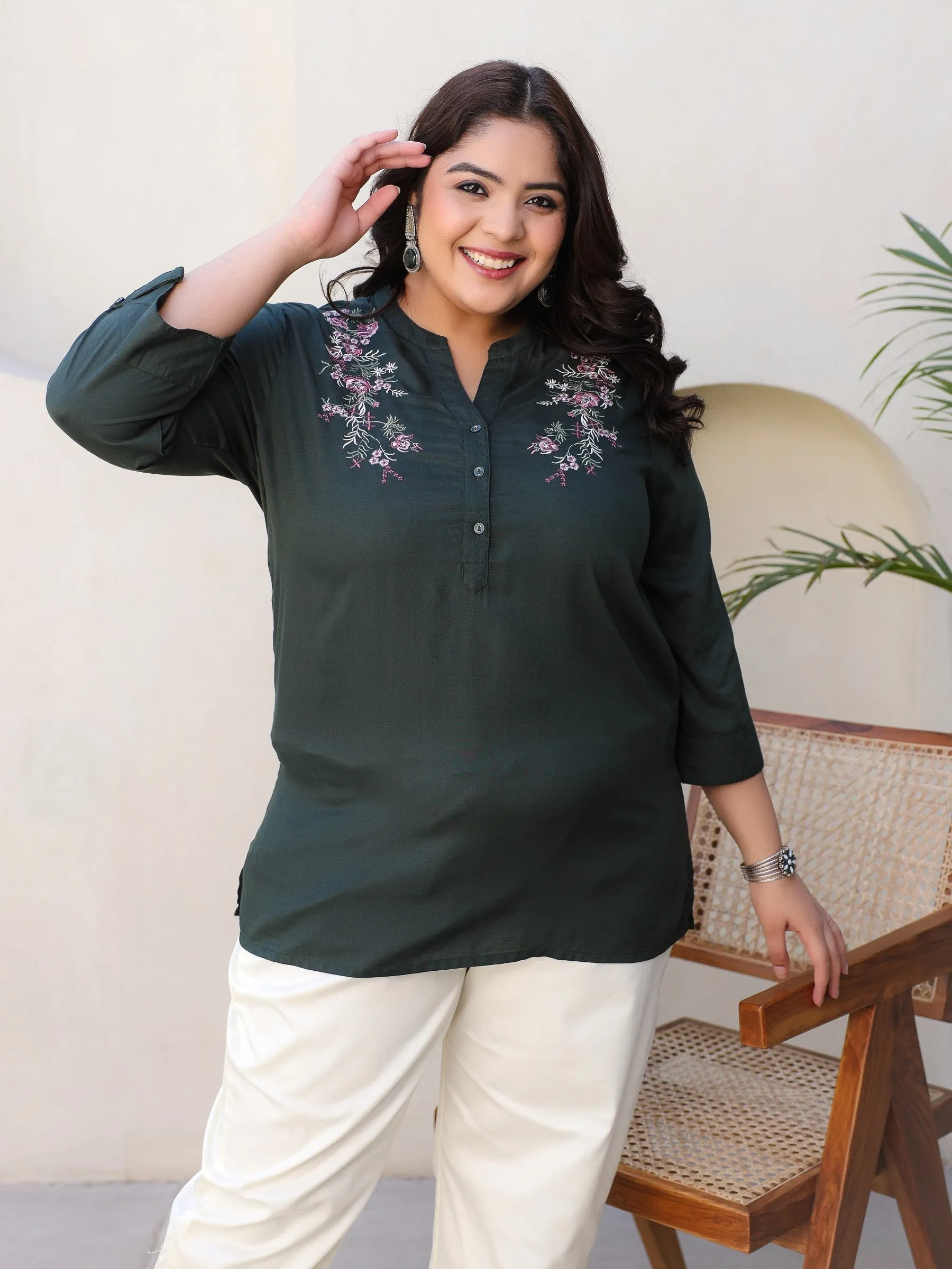 Jashvi Green Modal Rayon Floral Embroidered Plus Size Tunic With Half Placket