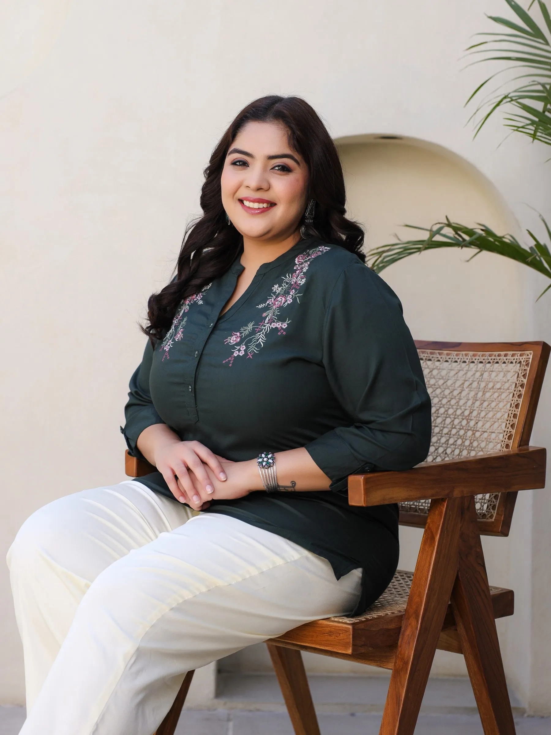 Jashvi Green Modal Rayon Floral Embroidered Plus Size Tunic With Half Placket