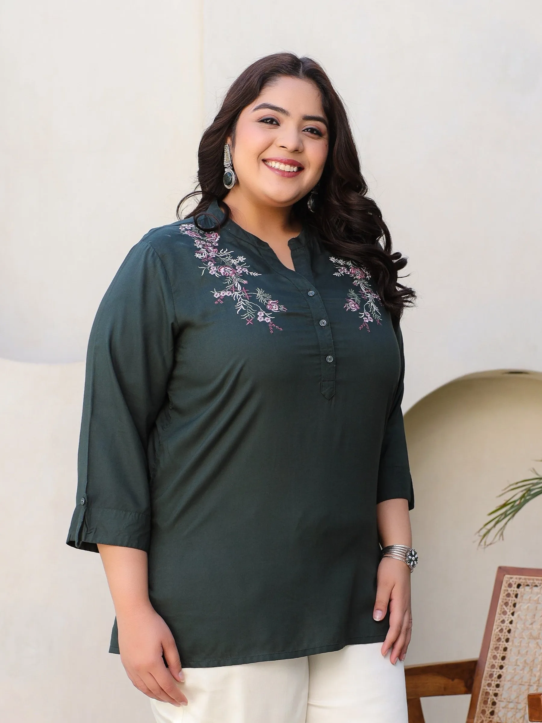 Jashvi Green Modal Rayon Floral Embroidered Plus Size Tunic With Half Placket
