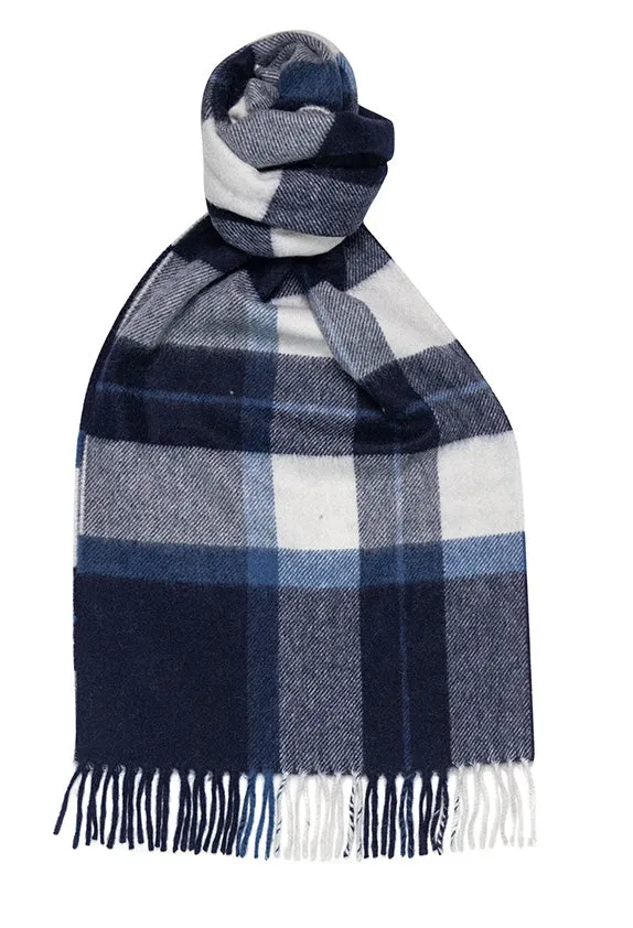 Joshua Ellis Classic Check Cashmere Scarf Blue x White