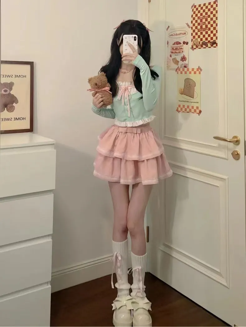 Kawaii Pastel Doll Aesthetic Mint Green Long Sleeve Top and Peachy Pink Layered Mini Skirt