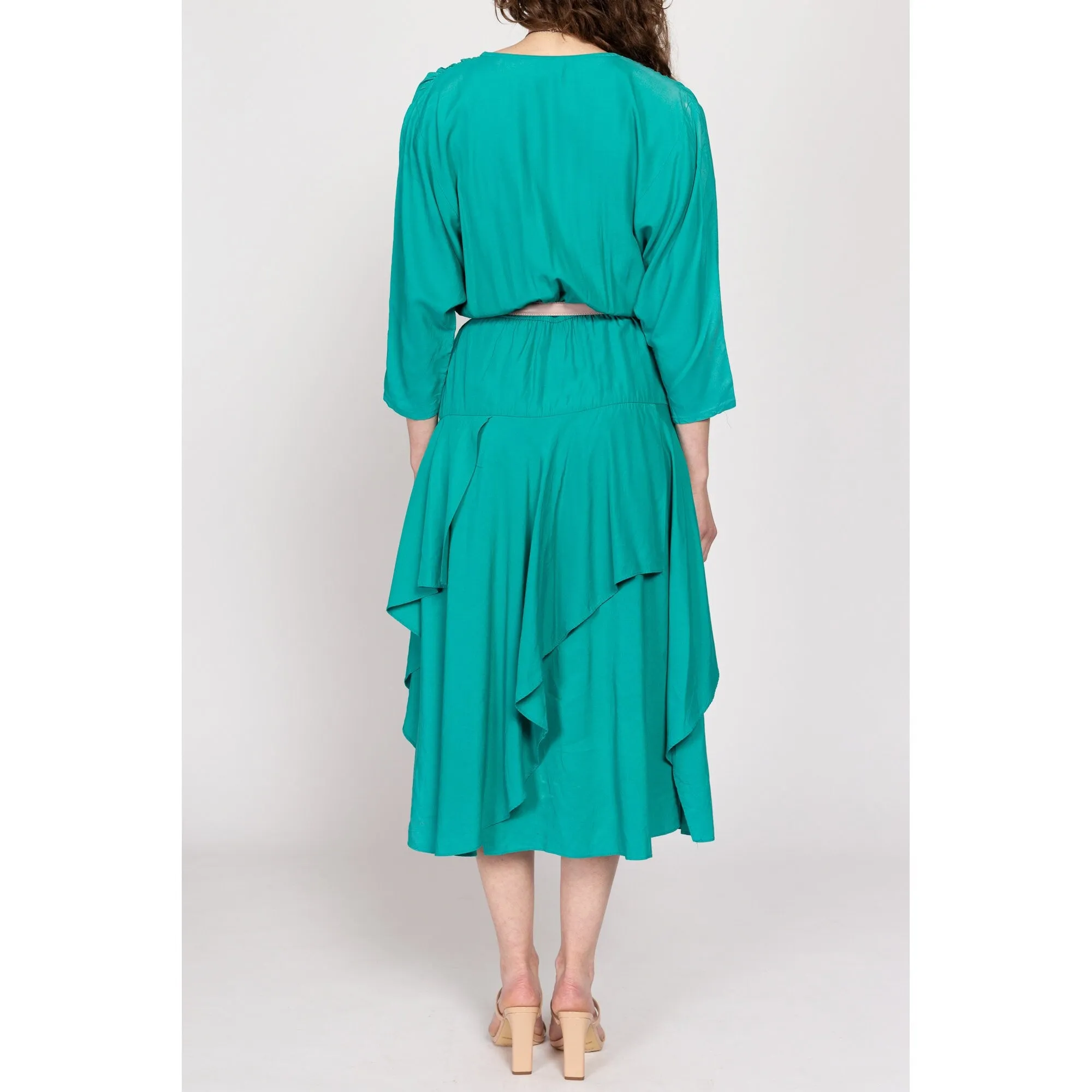 Medium 80s Teal Green Layered Skirt Midi Dress