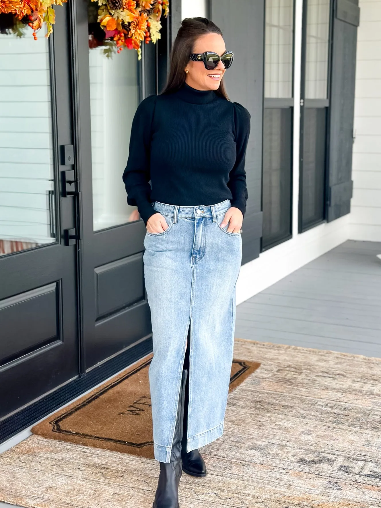Midi Denim Skirt with Cut Out