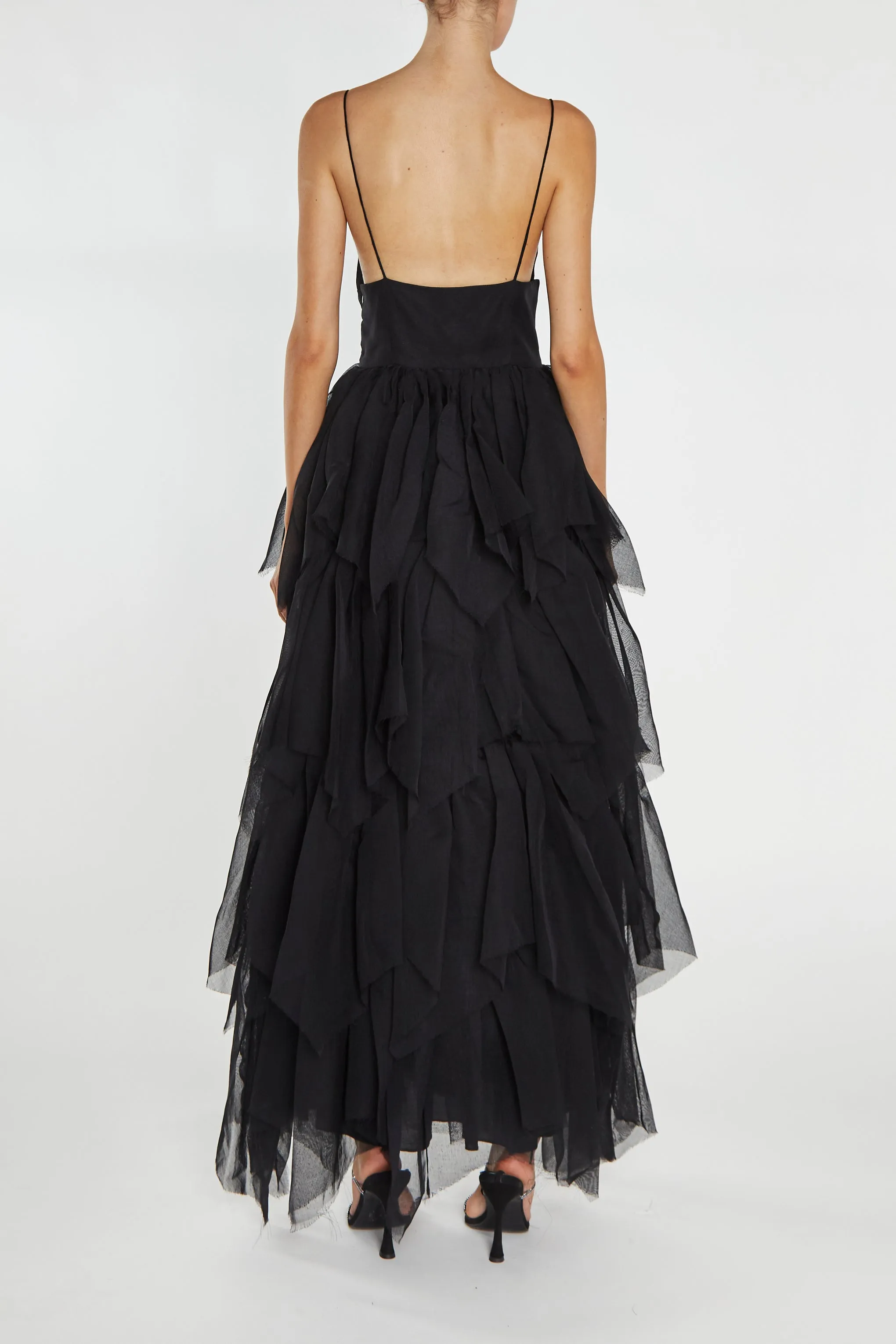 Sadie Black Layered Hanky-Hem Tulle Maxi Dress