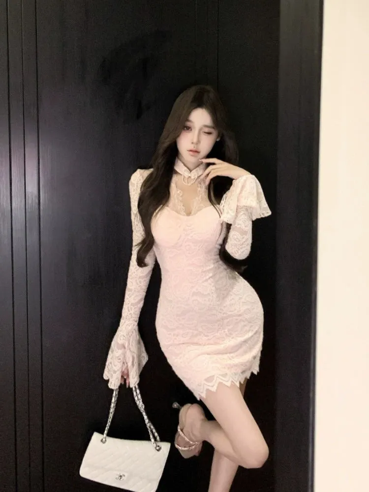 V-neck long-sleeved dress long sleeves mermaid long lace party dress     S5908