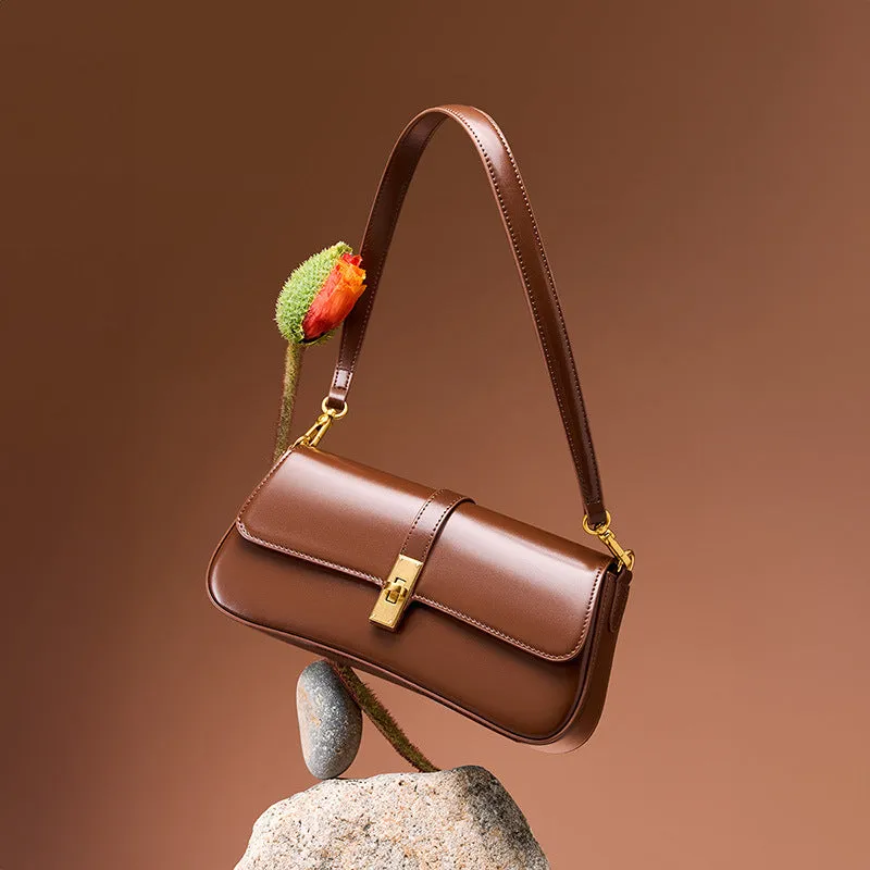 Vintage Genuine Leather Baguette Shoulder Bag for Women – Versatile Crossbody