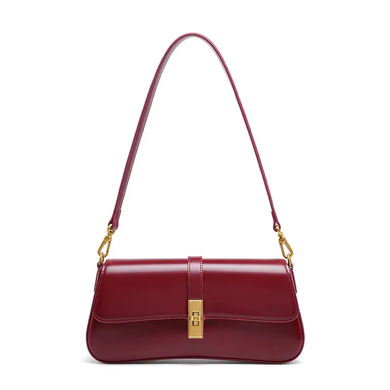 Vintage Genuine Leather Baguette Shoulder Bag for Women – Versatile Crossbody